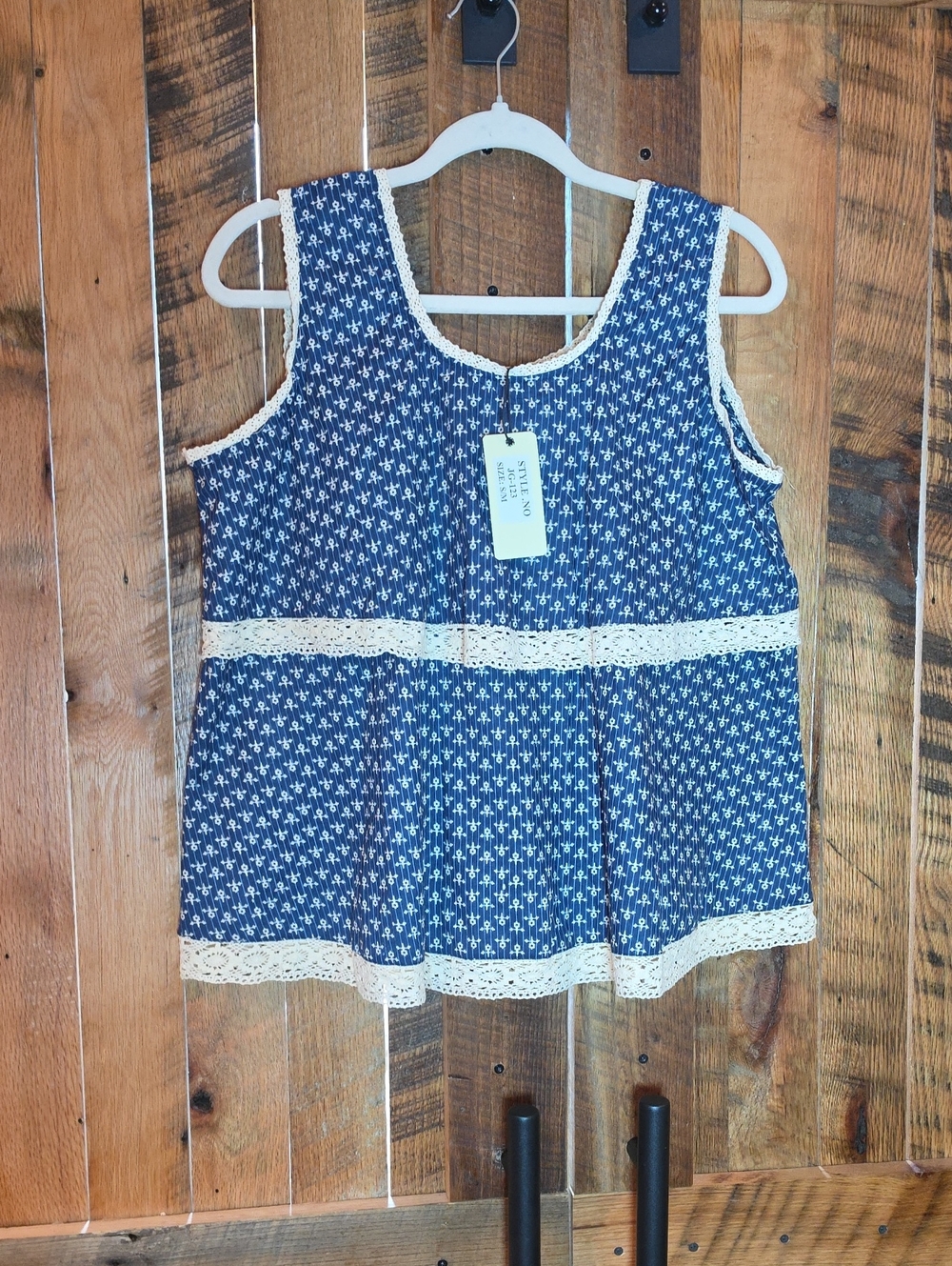 253p Jaded Gypsy Sleeveless Navy Tank with Cream Crochet Trim